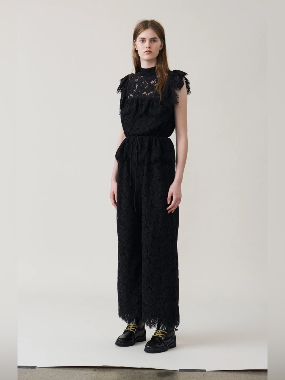 Ganni Women's 34 XS Jerome Lace Pantsuit Black Jumpsuit Ruffle Short Sleeve